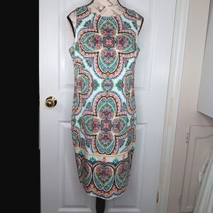 London Times Sheath Midi Dress Sleeveless White Colorful Print Size 8 NWOT